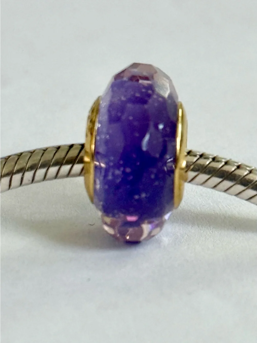 Gold core sparkling purple Murano charm fit Pandora bracelets